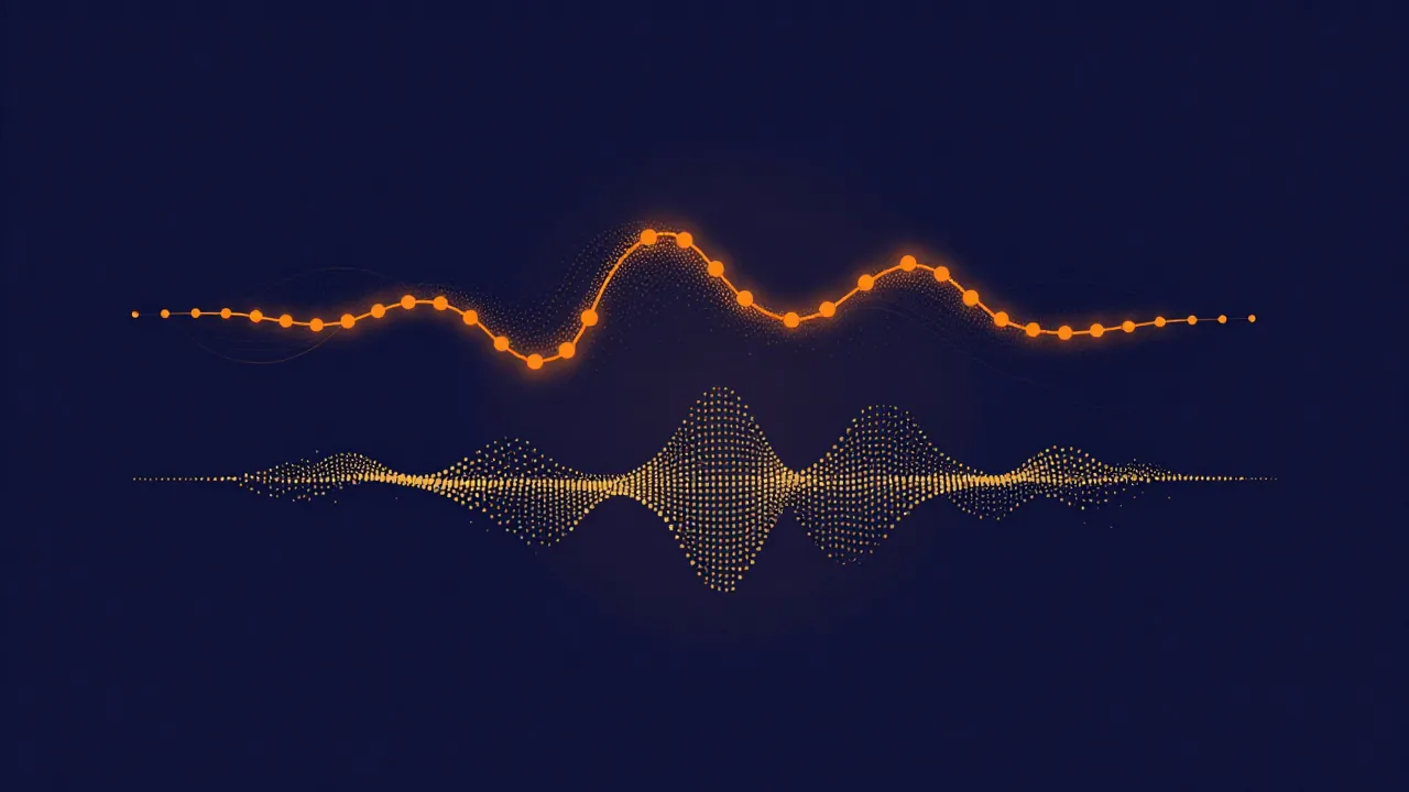 Flat illustration comparing a sound wave traced by a few widely spaced sample points against the same wave traced by densely packed points, showing how sample rate affects captured detail