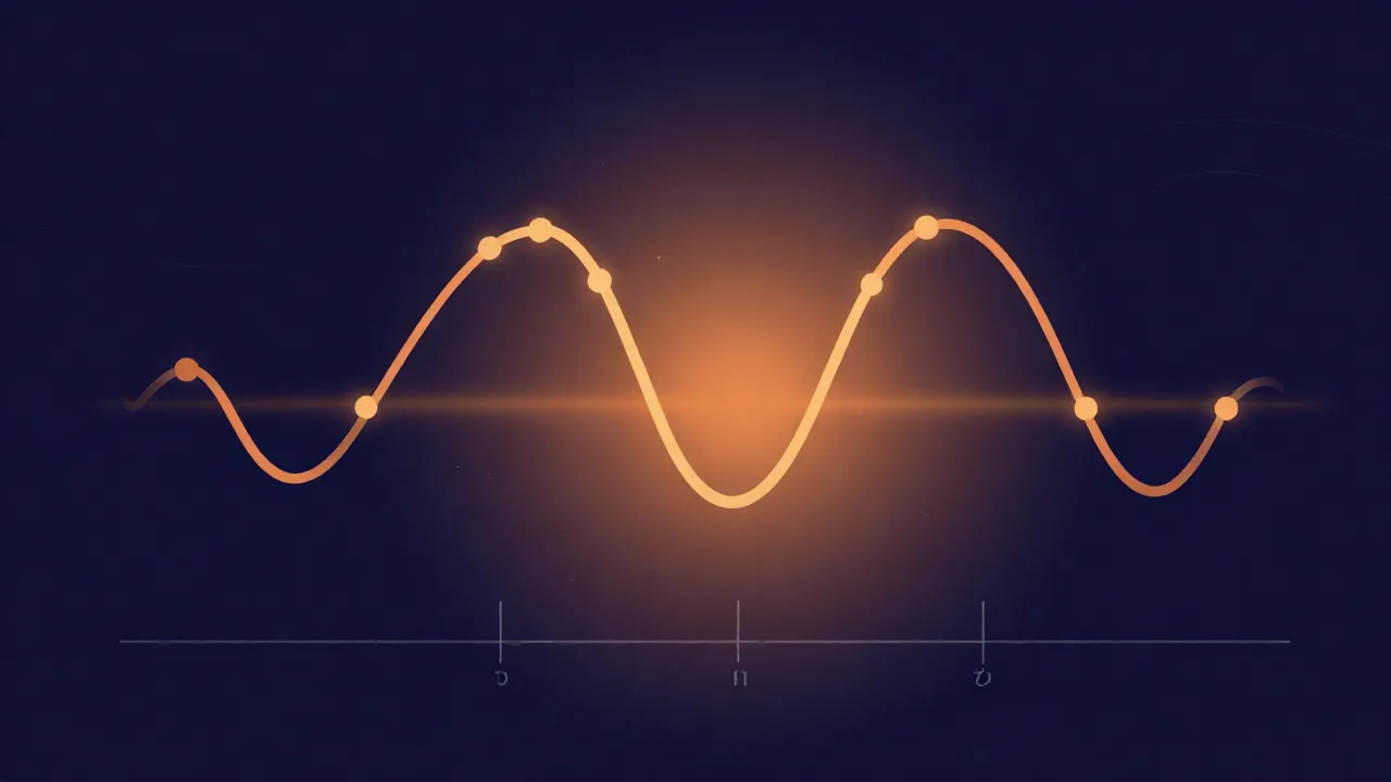 Flat illustration of a sine wave captured by discrete sample points along a timeline, showing digital sampling
