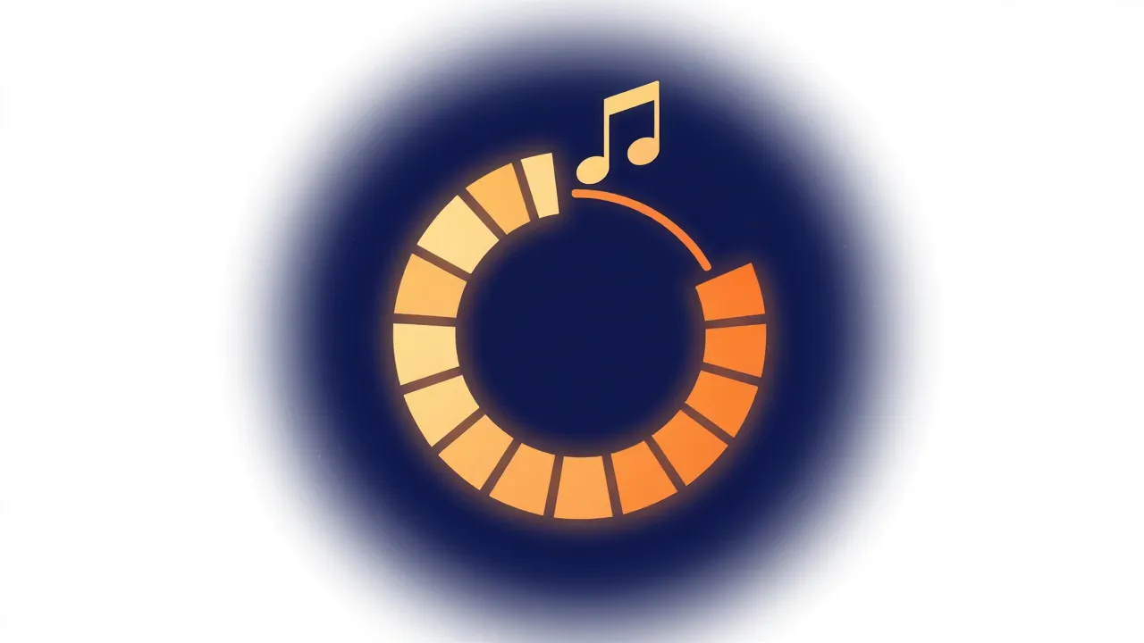 Flat illustration of a circular wheel of musical keys with two neighbouring segments lit and linked by an arc, representing harmonic mixing between compatible keys