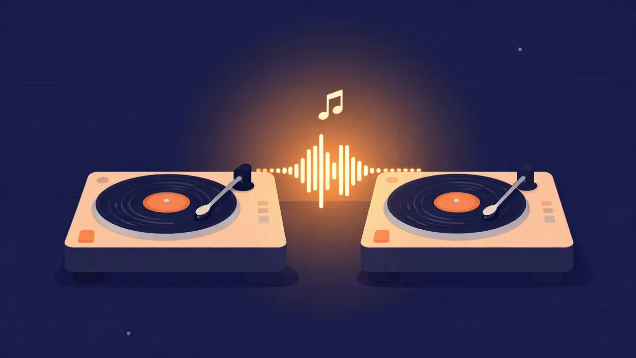 Flat illustration of two DJ turntables with aligning waveforms and a musical note, representing beat and key matching