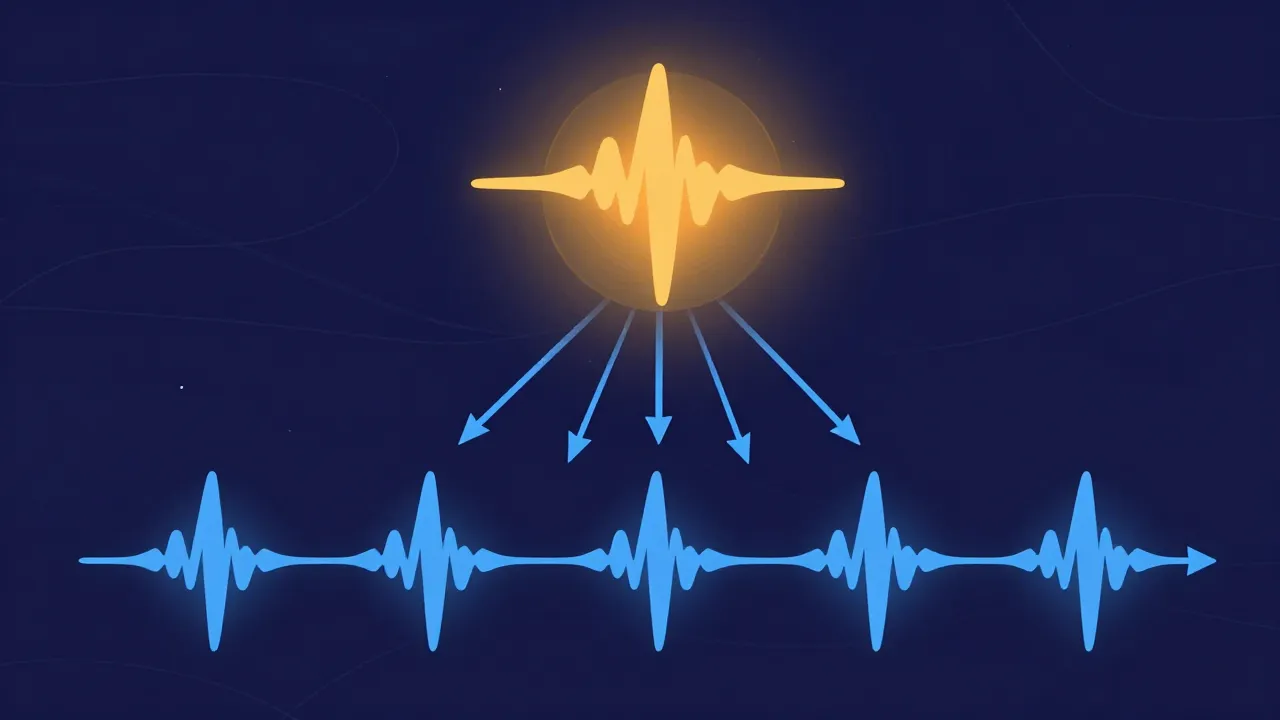 Flat illustration of a single pristine lossless master waveform held in a glowing container at the top, with arrows fanning down to several smaller compressed copies below, showing that exports are disposable while the master is preserved.