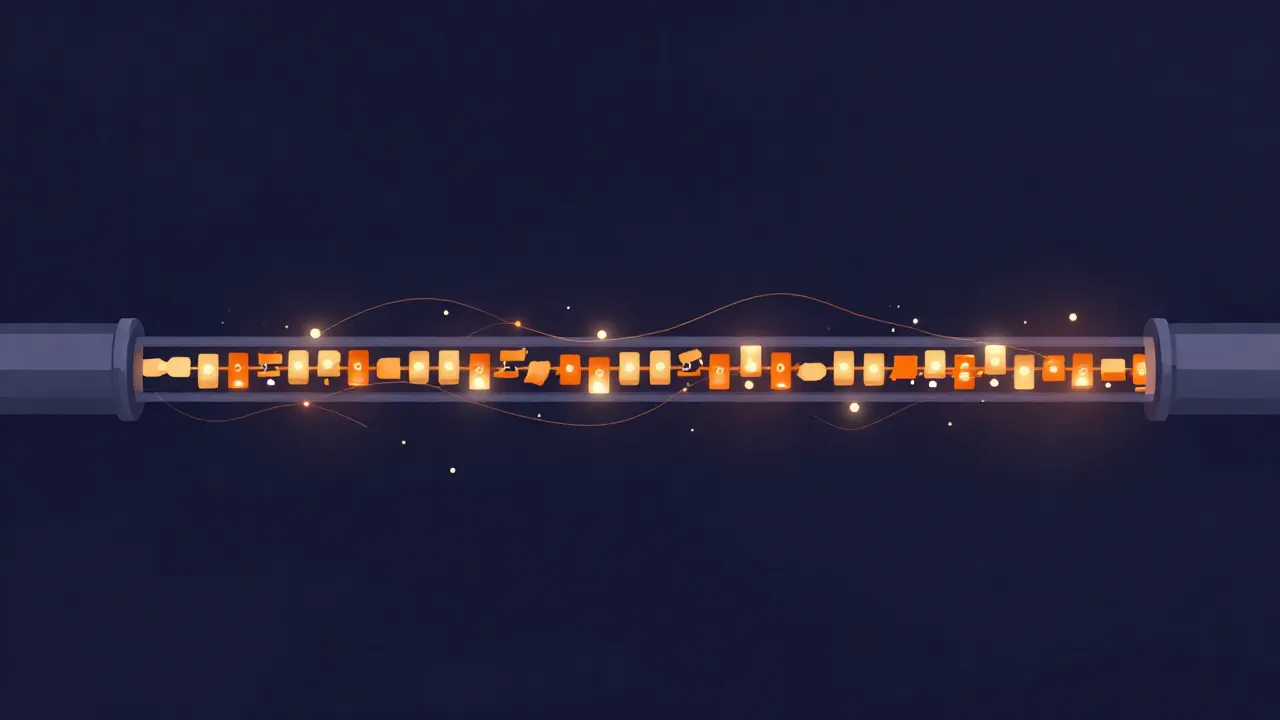 Flat illustration of a channel carrying a dense stream of glowing data packets flowing left to right, representing a high rate of data per second