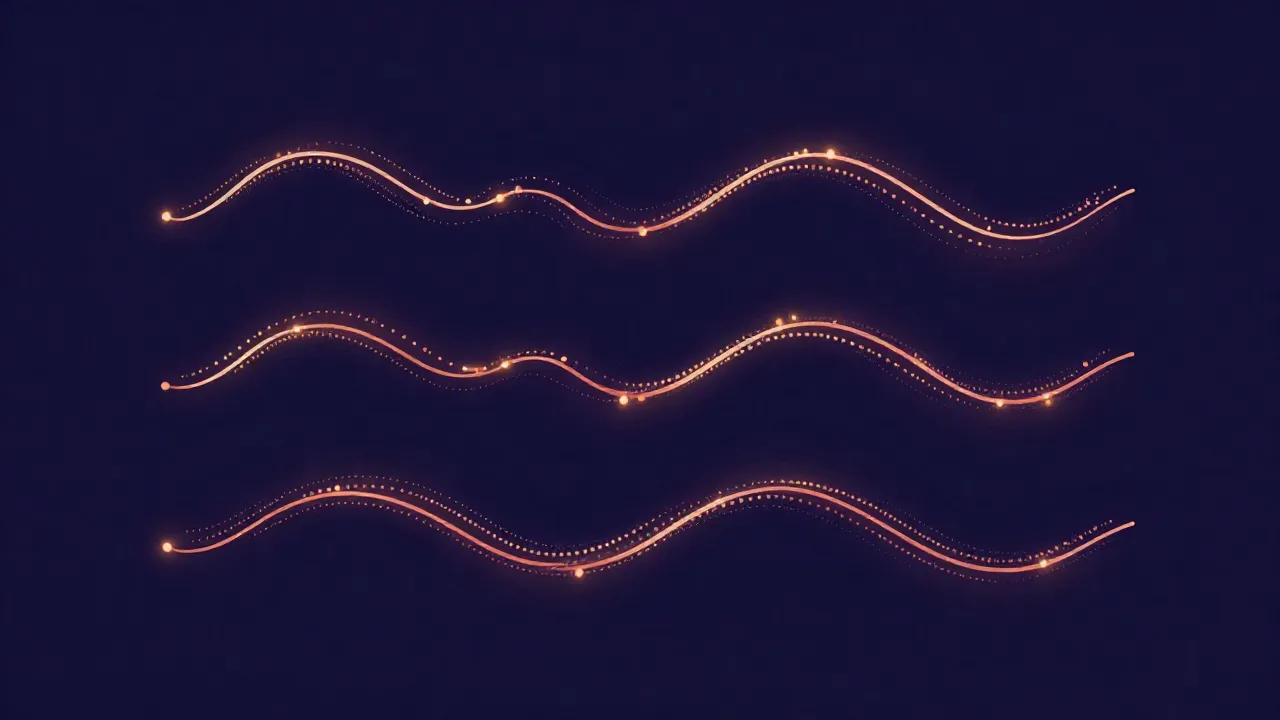 Flat illustration of three separate wavy lines stacked vertically, each with a different density of glowing dots, representing three independent qualities of digital audio