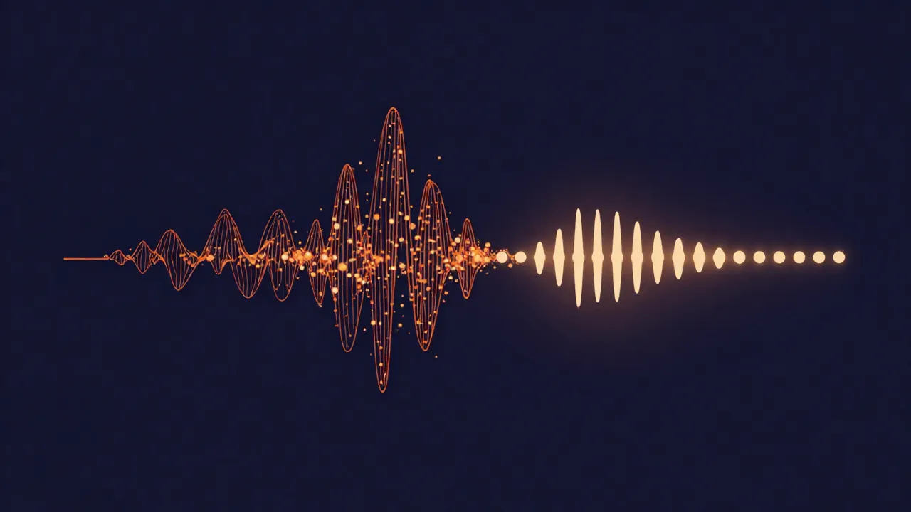 Flat illustration of a sound wave splitting into a dense flowing stream of data dots and a row of evenly spaced sampling points, showing two different dimensions of digital audio