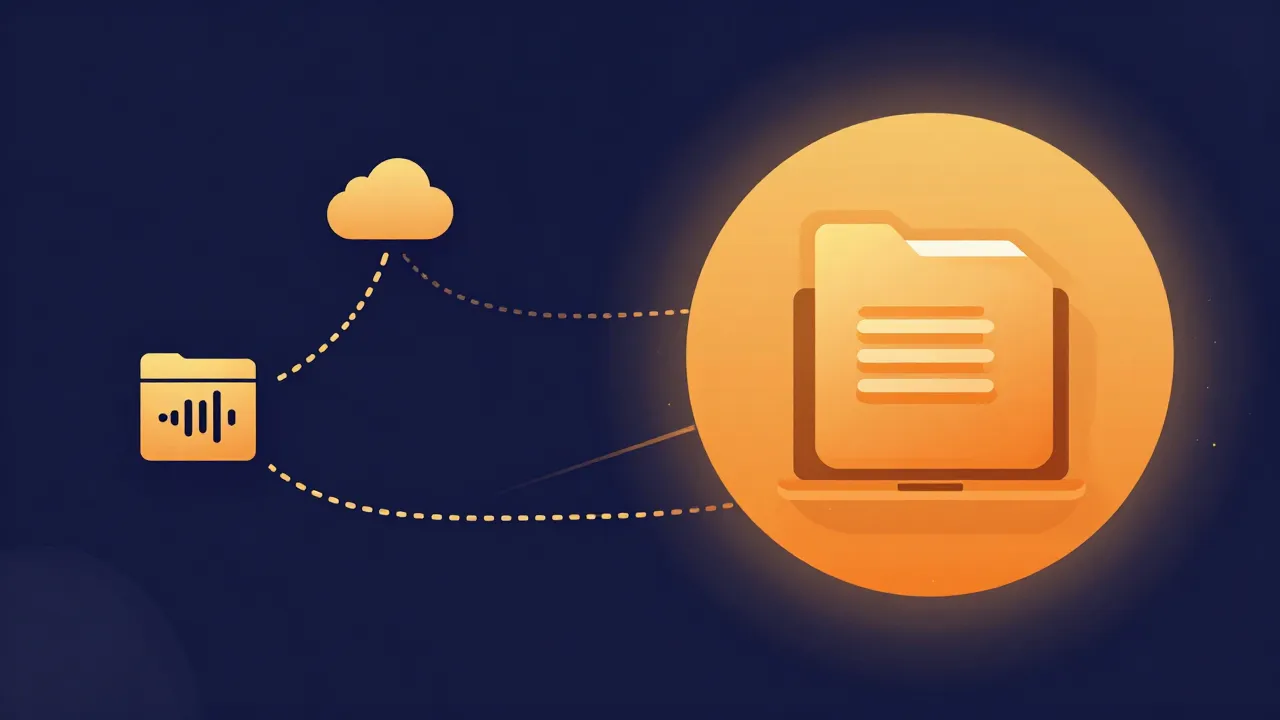 Flat illustration contrasting an audio file uploaded to a distant cloud server with the same file staying inside a shielded laptop, representing client-side privacy