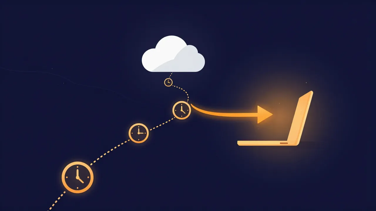 Flat illustration contrasting a long winding upload path to a distant cloud with queue delays against a short direct processing loop inside a laptop