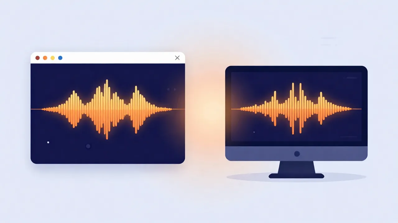 Flat illustration of a browser window and a desktop monitor side by side, each showing an audio waveform