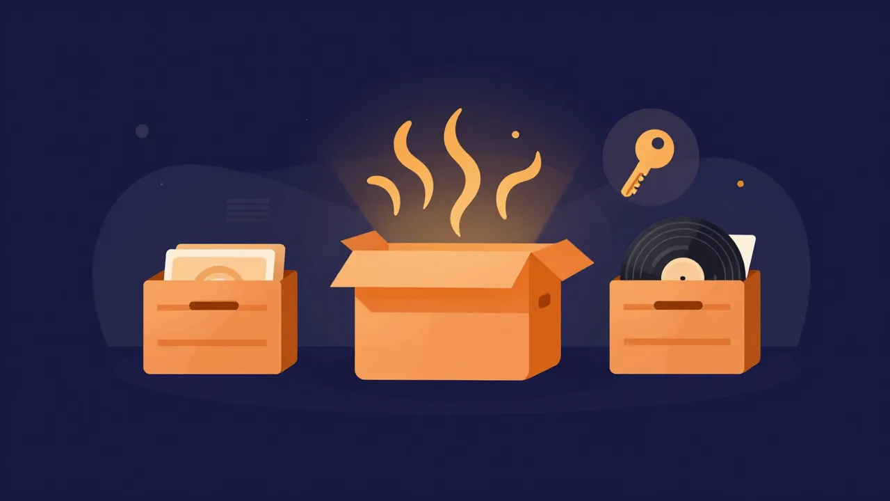 Flat illustration of crates of sample packs and vinyl records with one open crate glowing and sound waves rising from it beside a key icon, representing pre-cleared licensed samples