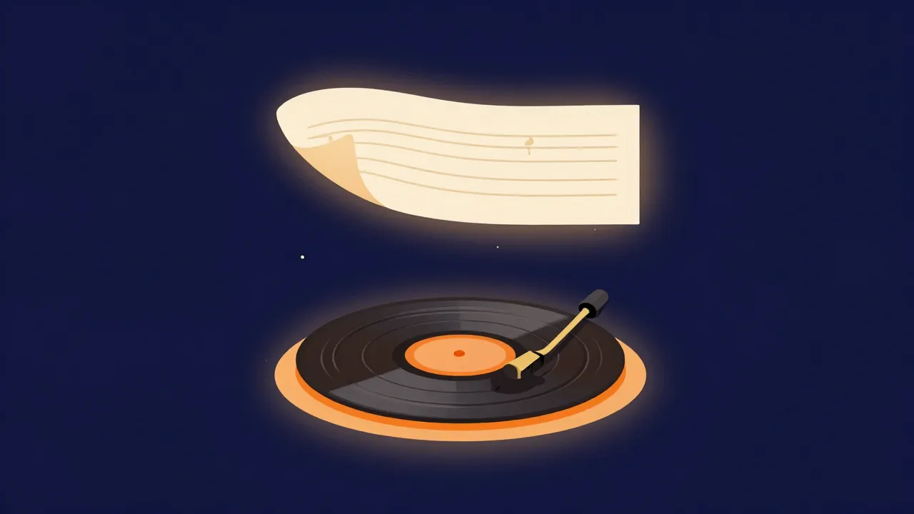 Flat illustration of two separate glowing layers floating apart, a sheet music scroll above and a vinyl record below, representing the composition and sound recording rights in one song