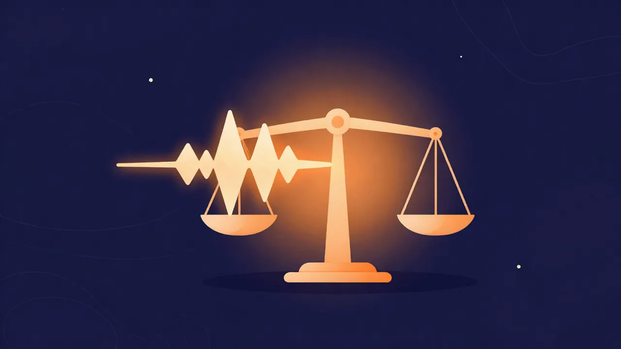 Flat illustration of an audio waveform beside a balance scale, representing copyright and fair use in music
