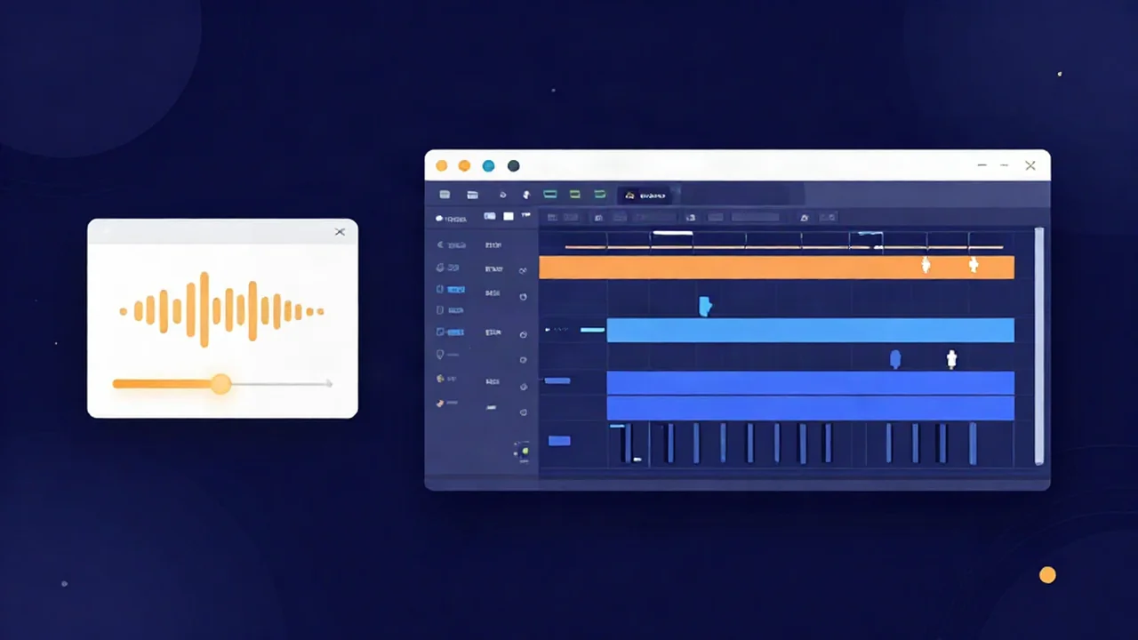 Flat illustration of a small online audio editor window showing one waveform and a single slider beside a much larger DAW window with stacked multitrack lanes