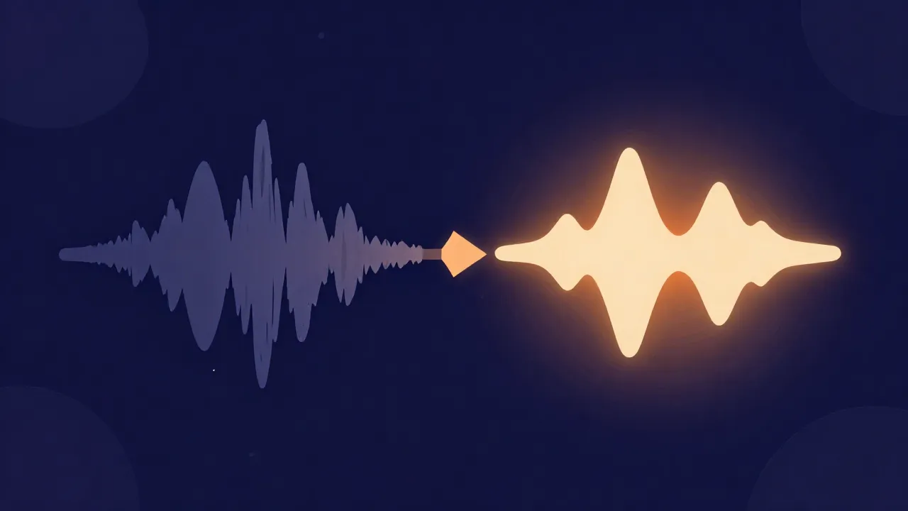 Flat illustration of a rough waveform transforming through stages into a clean polished waveform