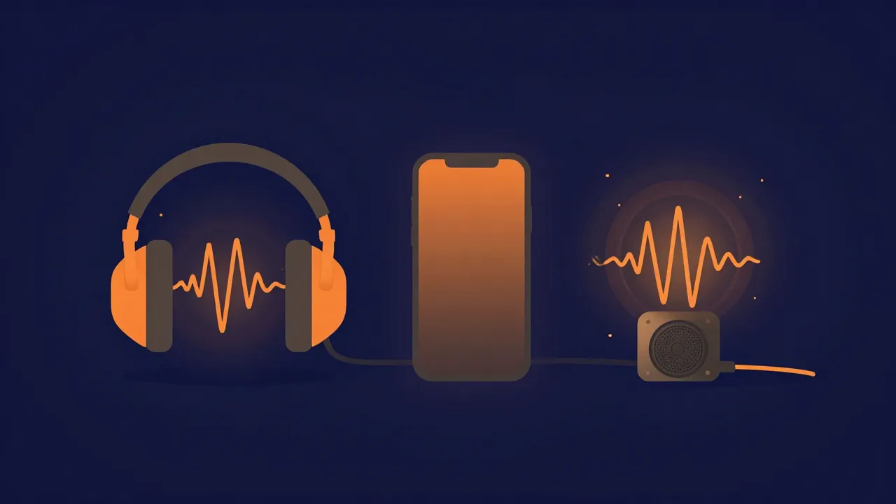 Flat illustration of headphones, a smartphone, and a small car speaker in a row, each playing back the same glowing orange waveform