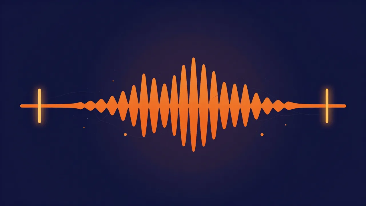 Flat illustration of an orange waveform with flat dead stretches at both ends and two glowing cut markers placed just outside where the lively content begins and ends