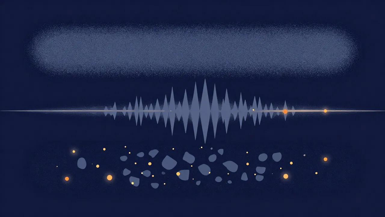Flat illustration in navy and indigo of a grainy, jagged waveform on the left gradually smoothing into a clean flowing line on the right, with small orange dots representing noise being lifted away, thin wavy accent lines and a soft glow