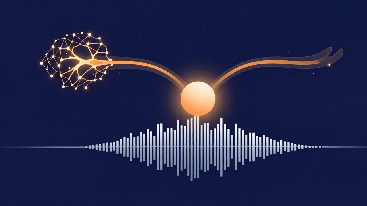 Flat illustration in navy and indigo showing two diverging paths from a central audio icon: one path labelled by a small microphone glyph flowing into a neural mesh, the other by a music-note glyph flowing into an even comb-filter grid, orange and gold accents, soft glow, thin wavy lines and dots