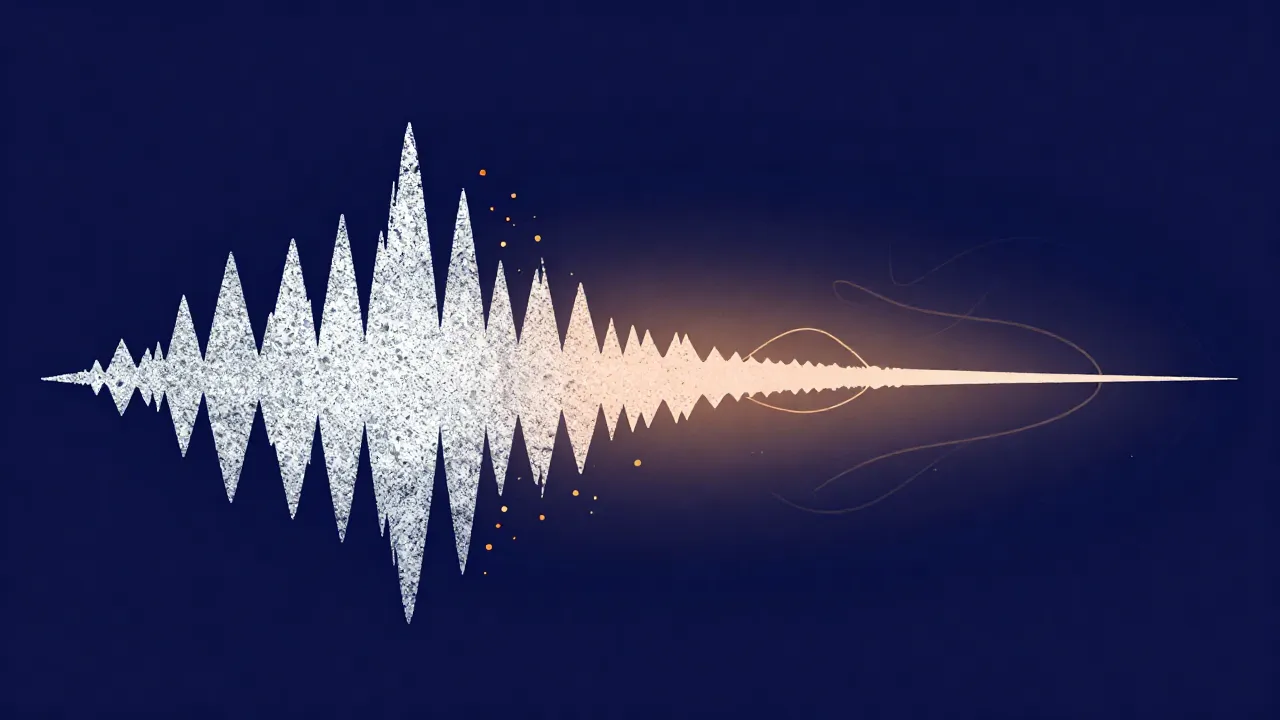 Flat illustration of a grainy, noisy waveform on the left smoothing into a clean signal on the right as it passes through a glowing neural filter