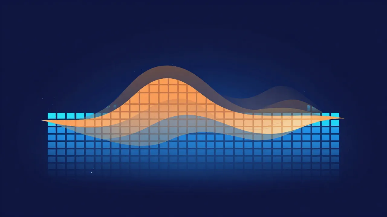 Flat illustration of a spectrogram grid in cool blues with a flowing region of warm tiles highlighted across it, representing a neural network drawing a vocal mask over time and frequency