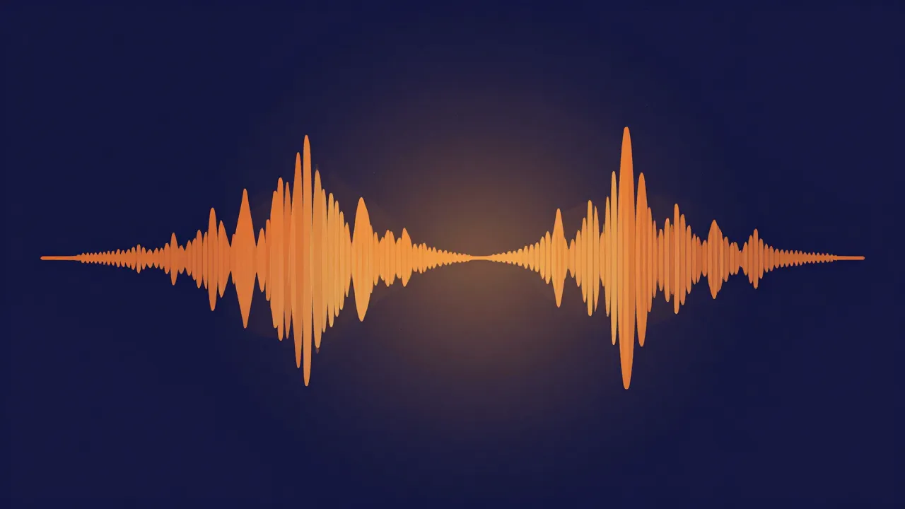 Flat illustration of two mirrored waveforms, one flipped upside down beneath the other, cancelling into a flat silent line with faint vocal fragments surviving at the edges