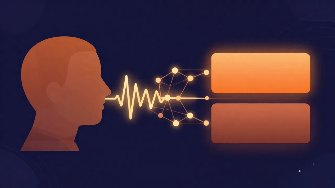Flat illustration of a voice waveform passing through a neural network and splitting into separate vocal and instrumental tracks