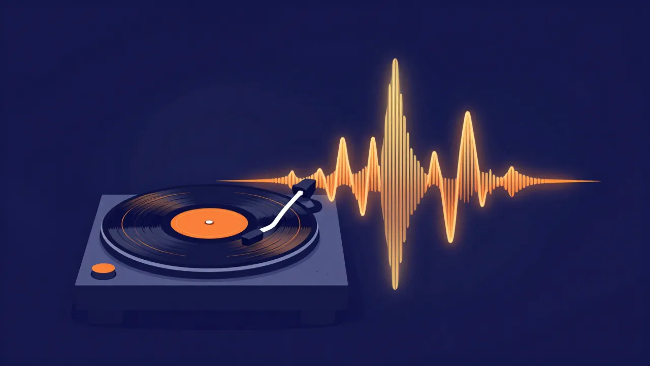 Flat illustration of a vinyl record spinning on a turntable with a glowing waveform rising off it, its peaks tightening as the speed increases