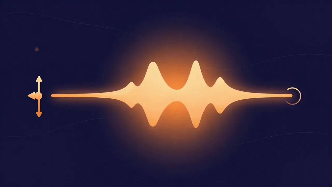 Flat illustration of a stretched audio waveform between a pitch slider with up and down arrows and a timeline clock