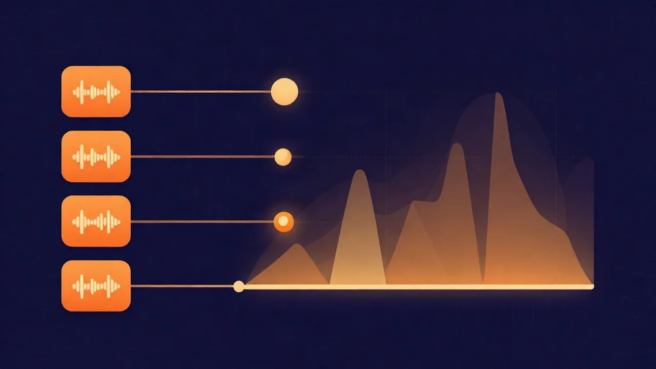 Flat illustration of several streaming app tiles feeding into one central loudness meter whose needle sits in a highlighted reference band, illustrating streaming loudness normalization