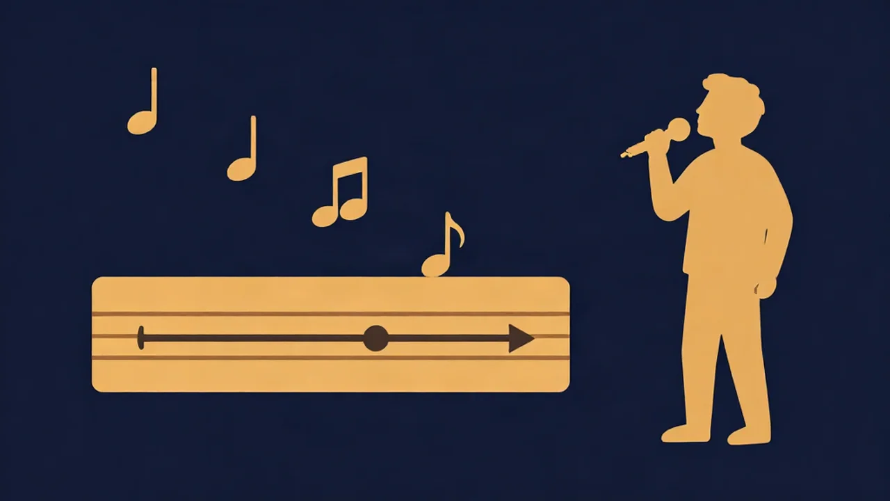 Pitch changer illustration: a singer with a microphone as melody notes step down toward a key slider to fit their vocal range