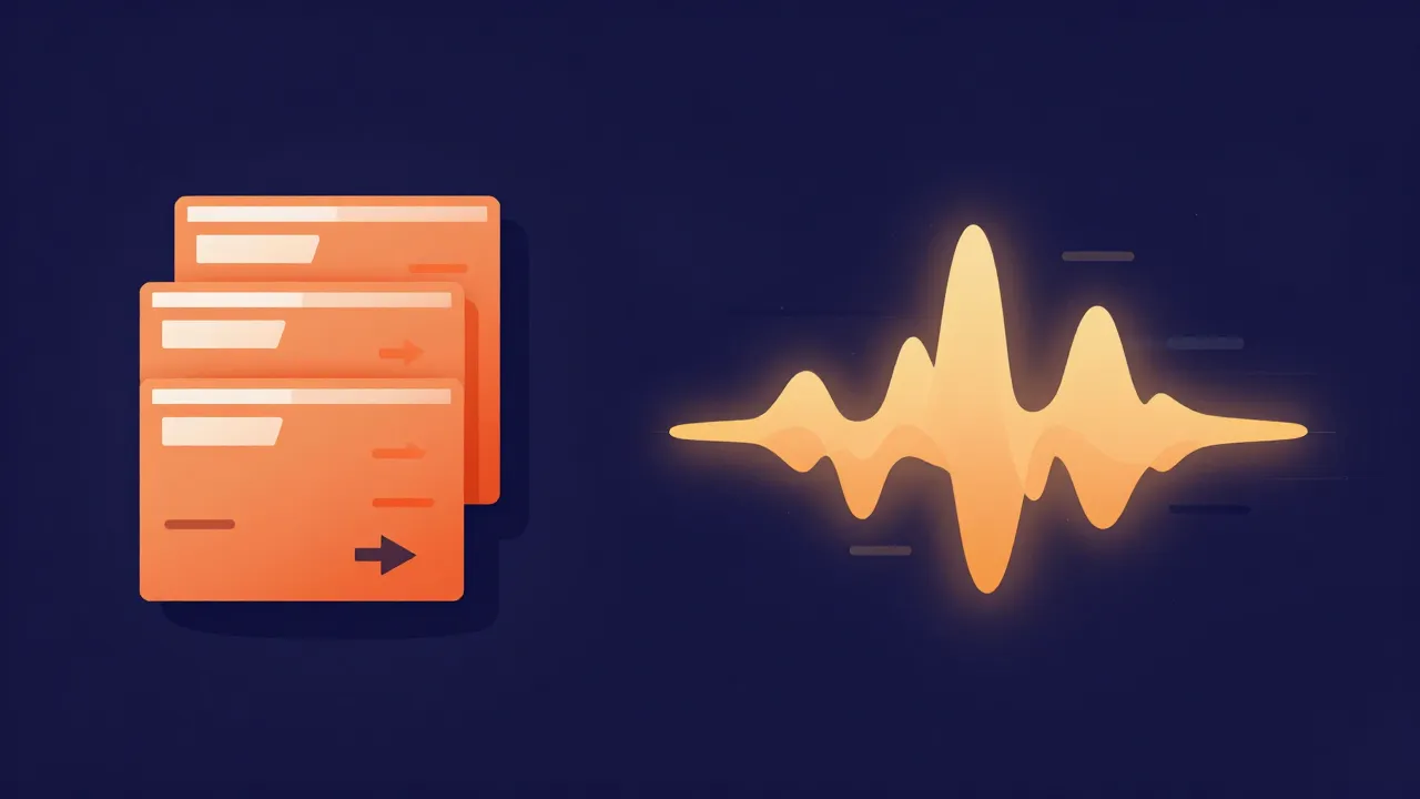 Flat illustration contrasting a stack of audio file blocks on one side with a glowing sound waveform on the other, showing the two different meanings of compression