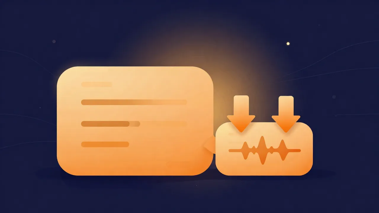 Flat illustration of a large audio file block being squeezed into a smaller one by inward compression arrows