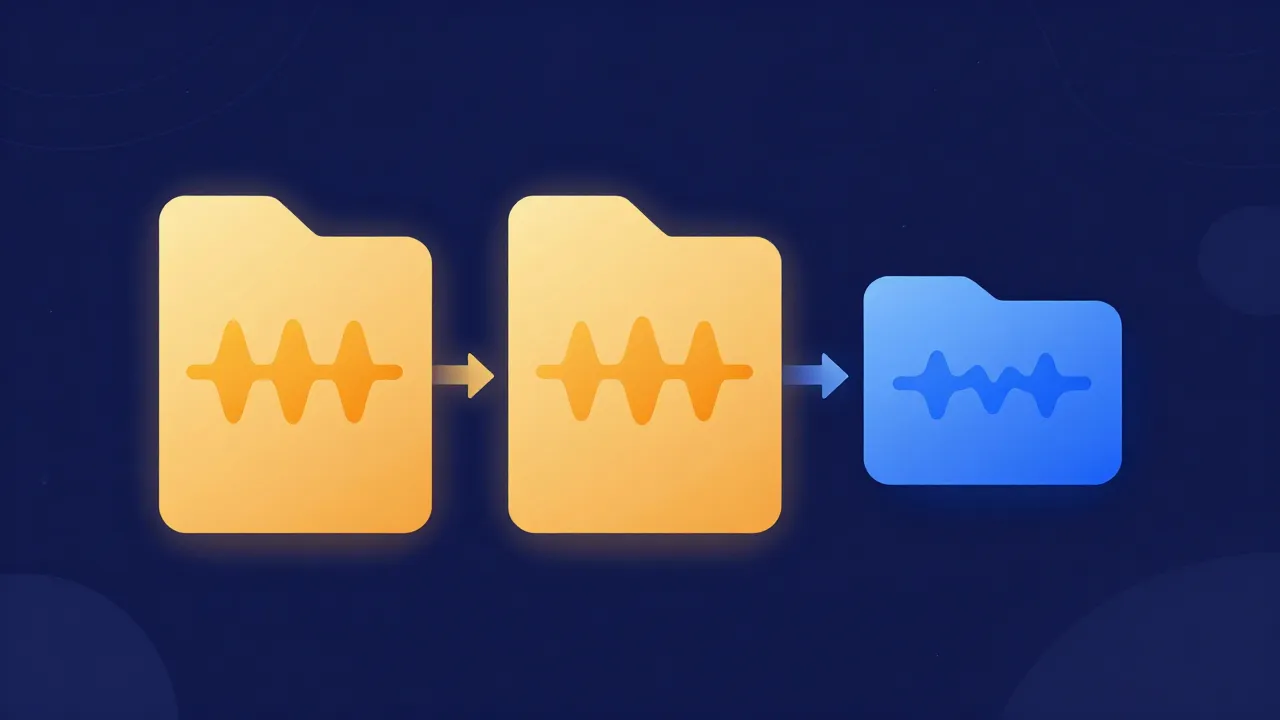 Flat illustration of three audio file cards in a left-to-right progression: two large bright cards holding full detailed waveforms, followed by a smaller compact card with a simplified waveform, representing a lossless working file exported to a smaller sharing format at the end.