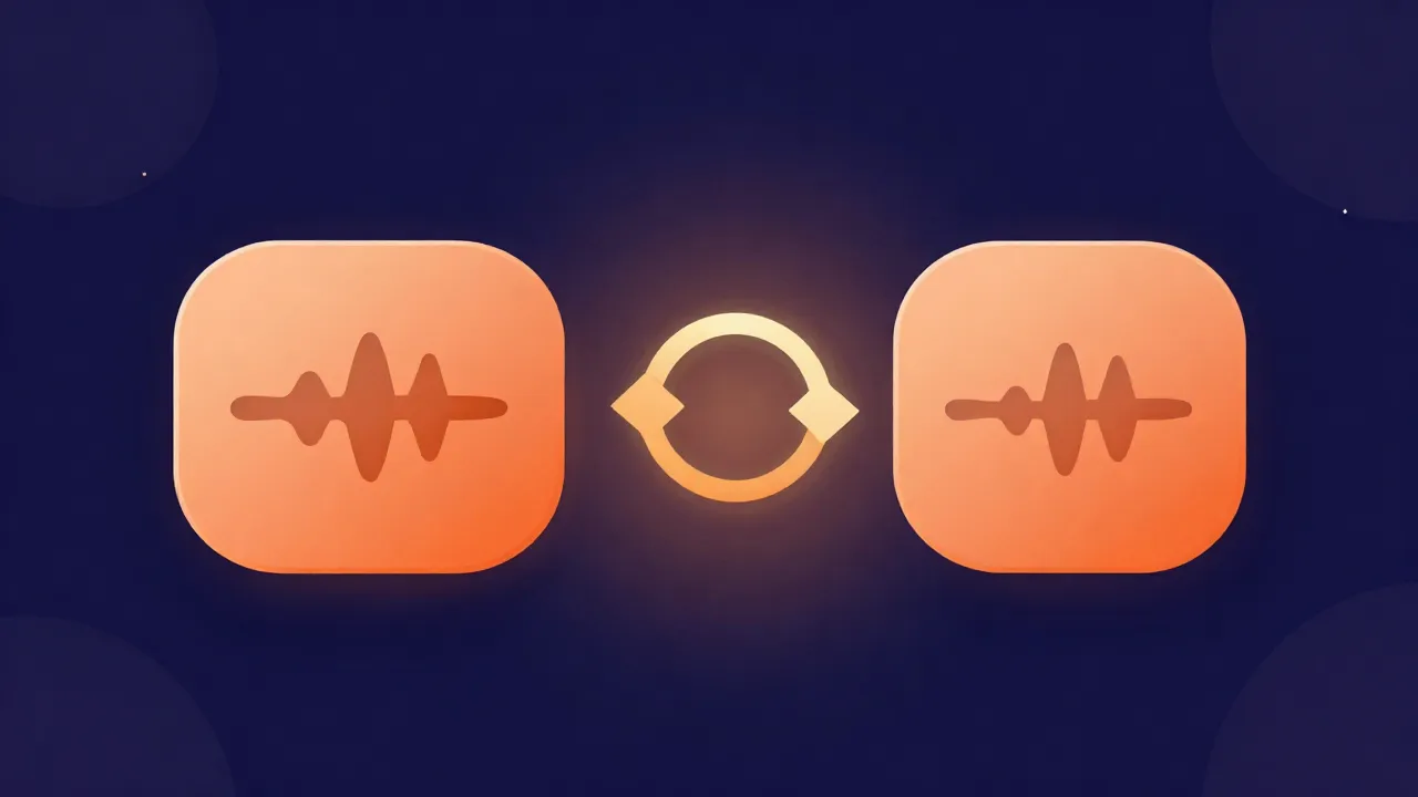 Flat illustration of two audio file cards connected by a circular conversion arrow, each showing a waveform
