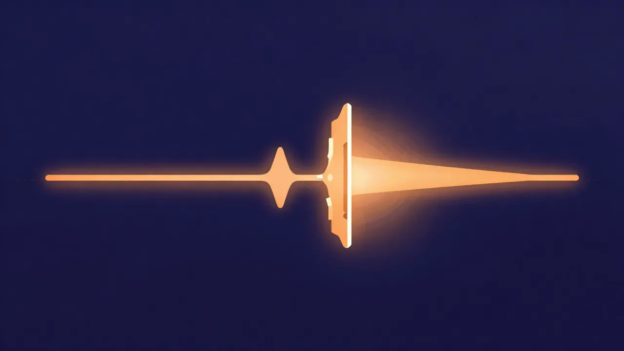 Flat illustration of a razor blade making a precise vertical cut through a glowing audio waveform with alignment markers