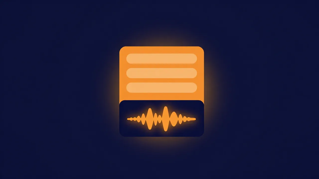 Flat illustration of an audio file card split into two zones: a block of blank tag fields above a separate zone holding the glowing audio waveform