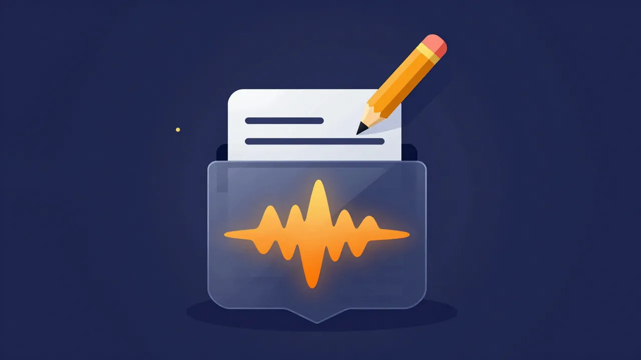 Flat illustration of a pencil editing the tag fields on a music file while the glowing audio waveform below sits untouched behind a protective shield