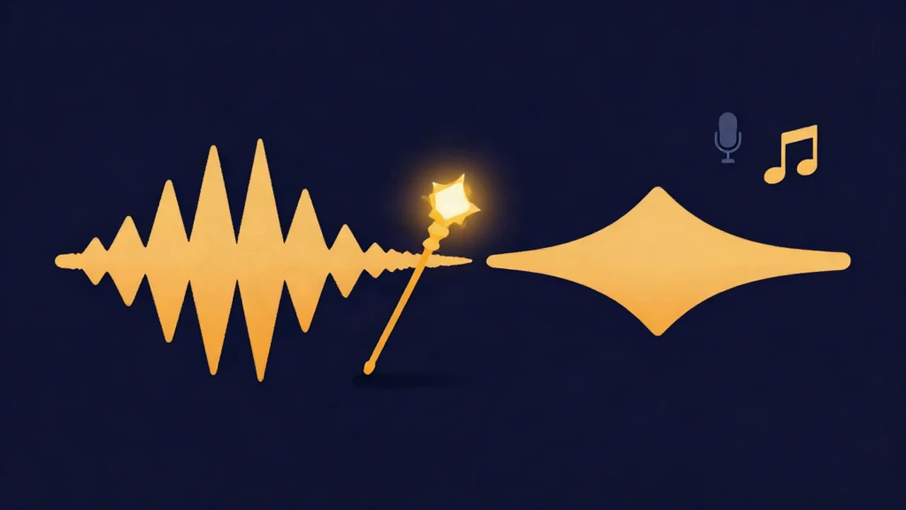 Audio enhancer illustration: a rough, noisy waveform smoothed into a clean, even waveform for voice and music