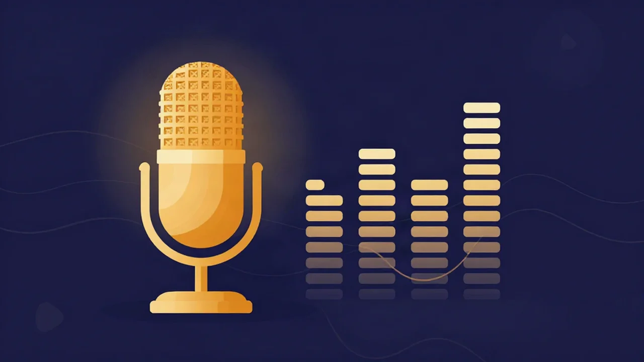 Flat vector illustration of a podcast microphone beside a graphic equalizer, showing how to EQ a podcast voice for clarity