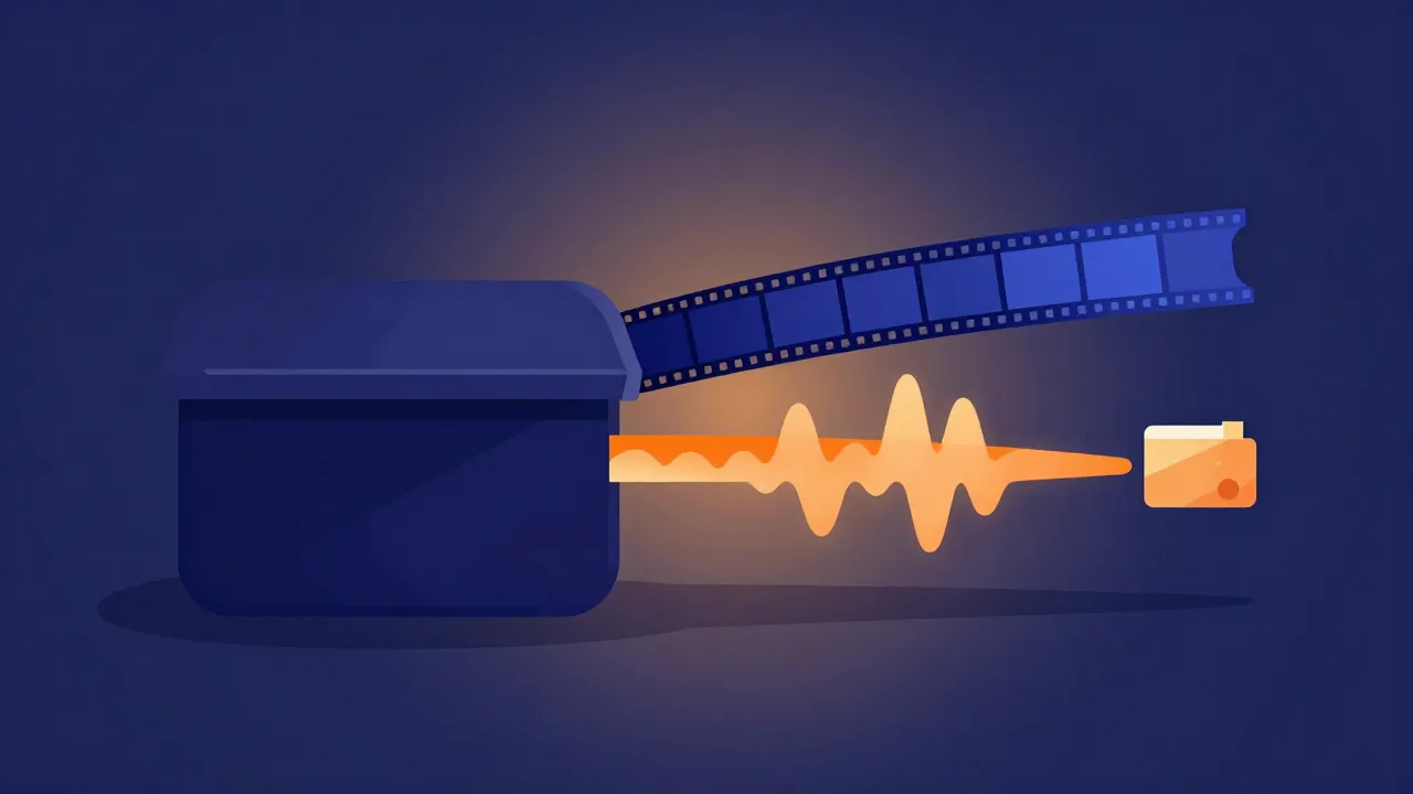 Flat illustration of a video container box separating into two streams: a strip of film frames and a glowing orange audio waveform sliding out into its own audio file