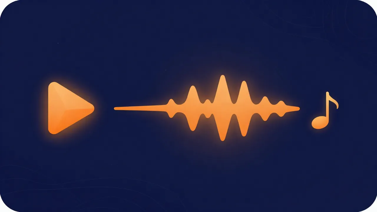 Flat illustration of a play button with an arrow pulling a glowing audio waveform and music note out of a video