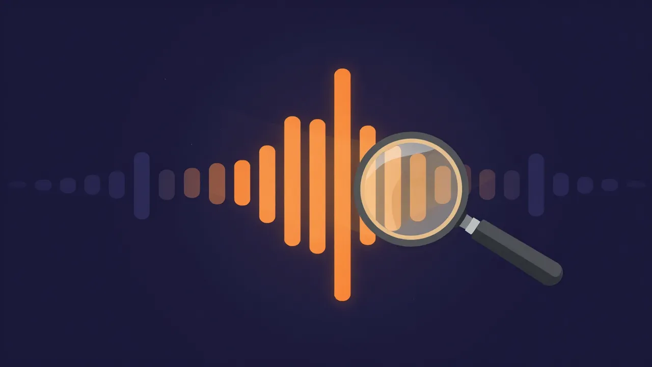 Flat illustration of a magnifying glass scanning an audio waveform where a few tall bars spike as detected drum onsets