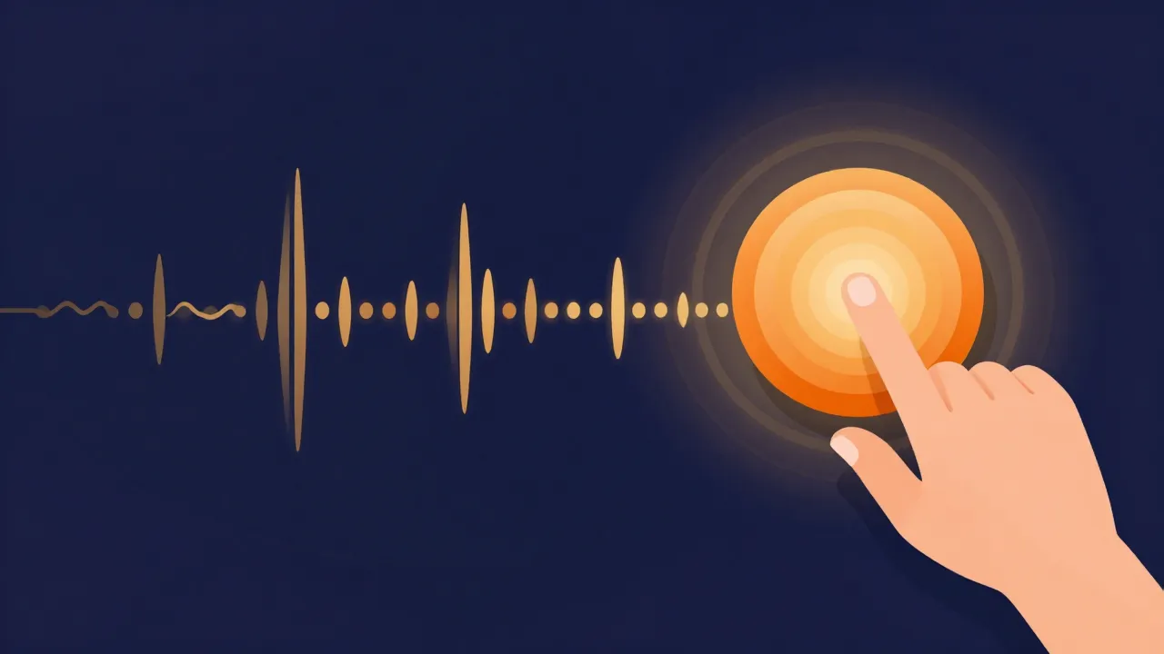 Flat illustration of a finger tapping a glowing button, with ripple rings and evenly spaced beat markers running along a waveform
