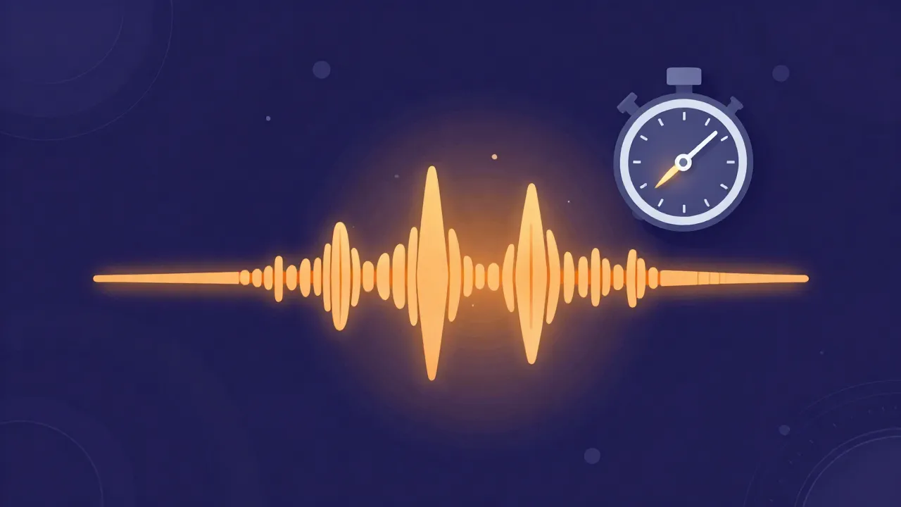 Flat illustration of a glowing audio waveform with evenly spaced beat markers next to a stopwatch dial representing tempo
