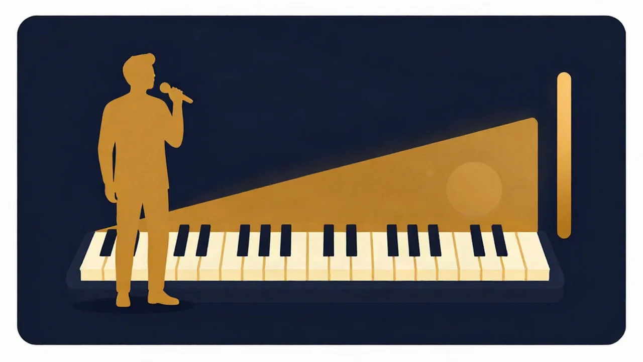Pitch changer illustration: a singer beside a piano keyboard with an amber band rising across the keys to mark their vocal range