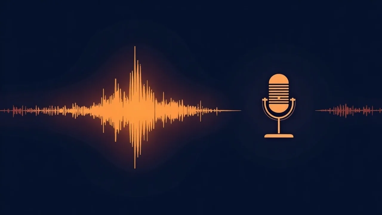 Amber vocal waveform being isolated from a song and lifted toward a microphone on a deep navy background