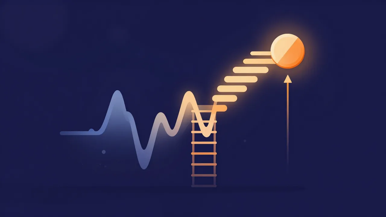 Flat illustration of a song waveform climbing a ladder of evenly spaced steps toward a glowing dial, representing shifting a track's key without changing its tempo