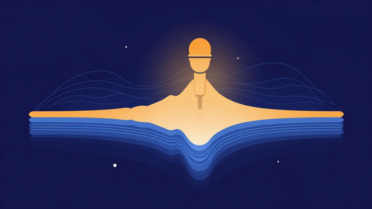 Flat illustration of a dense song waveform made of stacked layers, with a single bright vocal layer being lifted cleanly upward out of the stack toward a microphone while the instrumental layers stay intact below.
