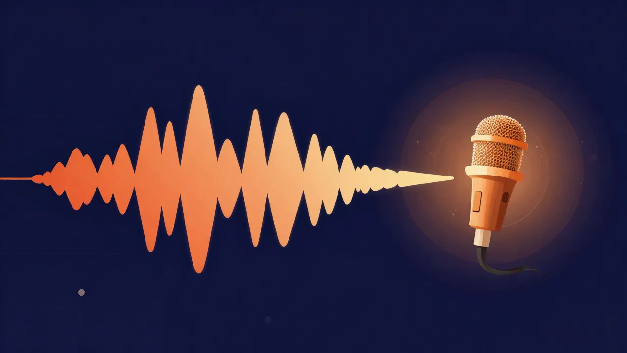 Flat illustration of a full song waveform with the vocal lifted out as an isolated glowing acapella beside a microphone