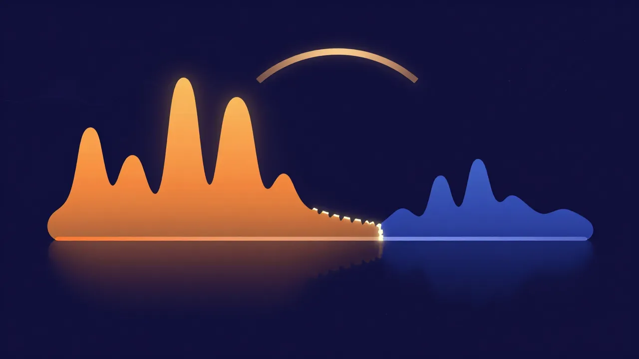 Flat illustration of two joined clips on one timeline with mismatched waveform heights, a loud tall waveform dropping to a quiet small one at a glowing seam, beneath a level meter arc