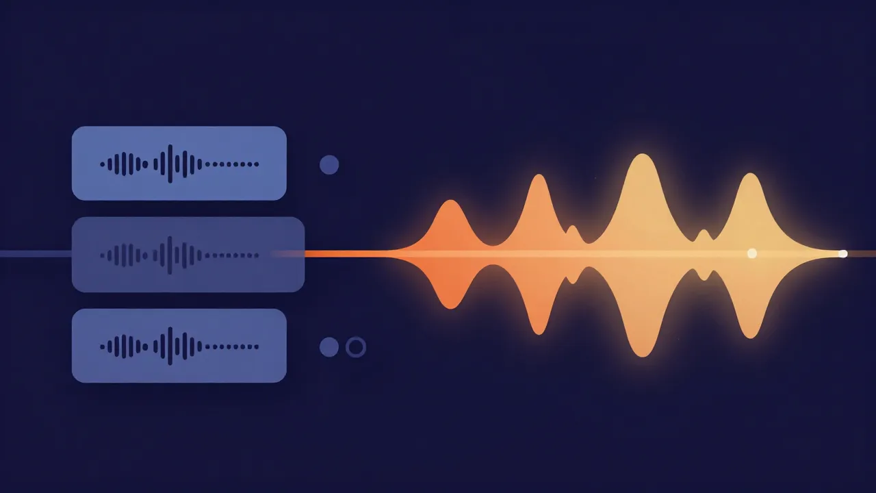 Flat illustration of three separate audio clip blocks on a timeline rail merging into one continuous glowing waveform, with small dot icons hinting at mono and stereo channel counts