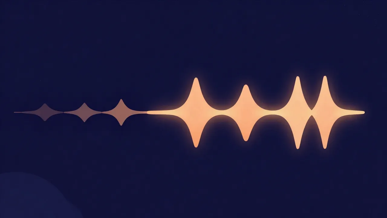 Flat illustration of several separate audio clips joining into one continuous glowing waveform